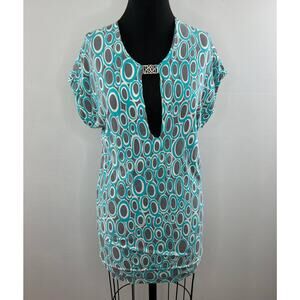 TRINA TURK Turquoise Gray Print Short Sleeve Plunging Neckline Tunic Top Size S